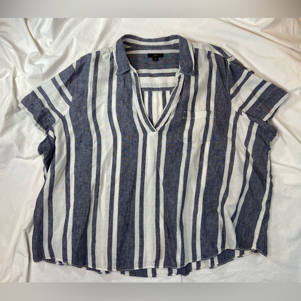 J Crew Linen Tunic Blouse Womens Blue Stripes size 3X